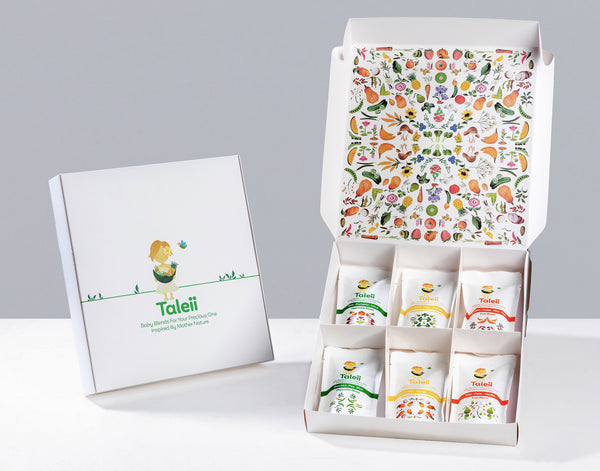 A box of 6 Taleii Baby Blends. Fresh, tasty and nutritious baby food designed for toddlers and their famlies.