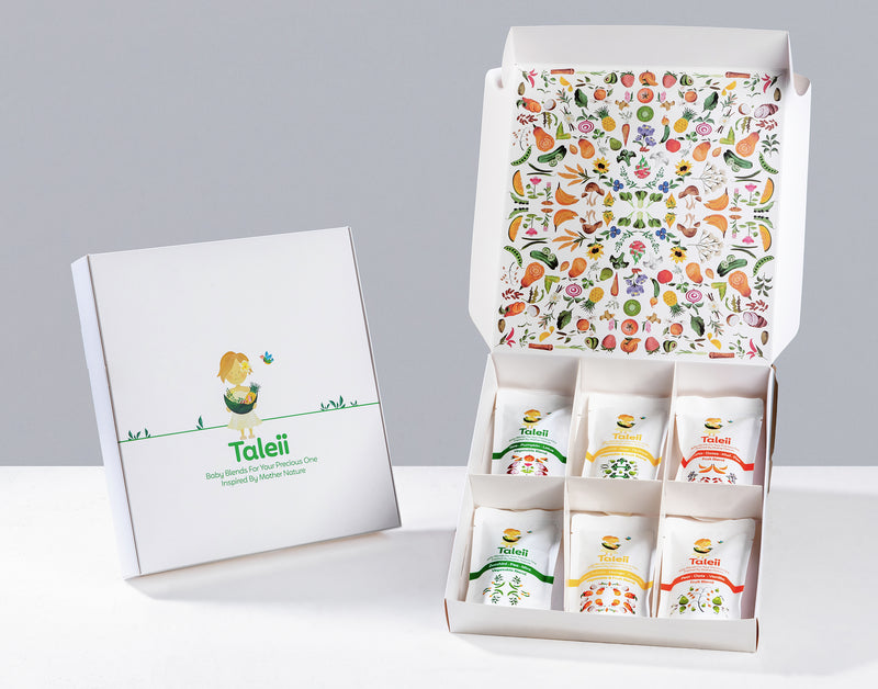 A box of 6 Taleii Baby Blends. Fresh, tasty and nutritious baby food designed for toddlers and their famlies.